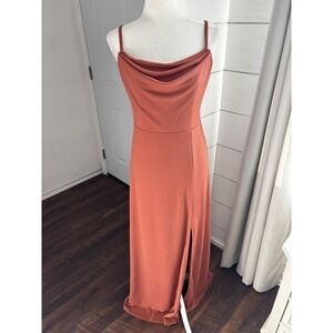 Birdy‎ Grey Dress Womens Medium Terracotta Maxi Gown Cowl Neck Slit Formal